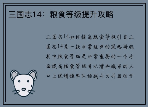 三国志14：粮食等级提升攻略